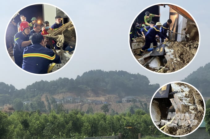 Cảnh cứu hộ và khu vực xảy ra lở đất làm chết 3 người ở huyện Tam Dương, tỉnh Vĩnh Phúc. Ảnh: Văn Việt.