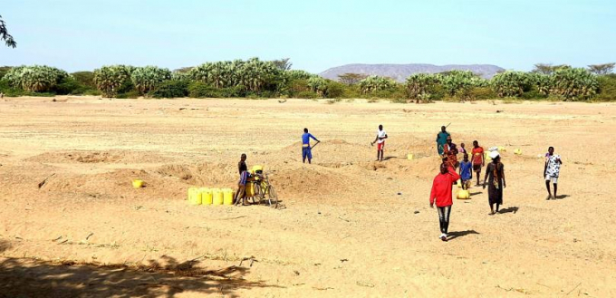 Người dân ở Turkana (Kenya) đào giếng giữa dòng sông trơ đáy để tìm kiếm nước uống hồi tháng 11 năm 2021. Ảnh: Water Peace and Security