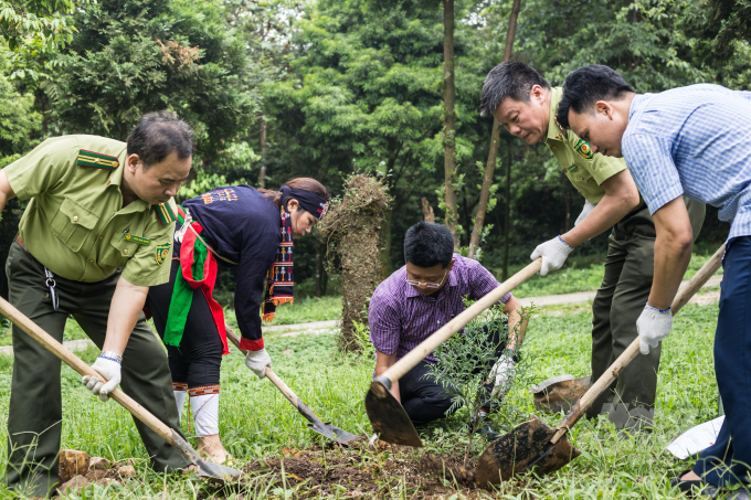Delegates, forest rangers and local people participated in the tree planting campaign in Ba Vi National Park. Photo: Thanh Thuy.