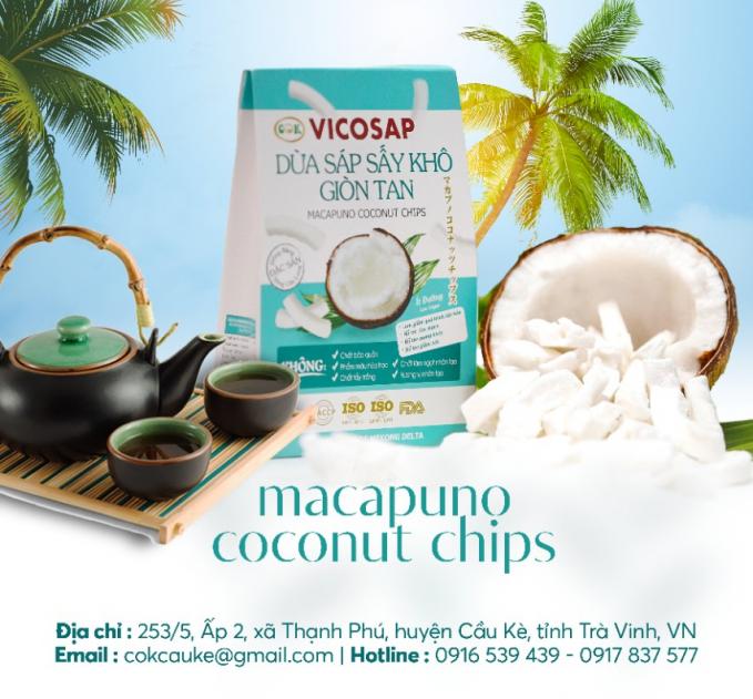 Dừa sáp sấy khô giòn tan theo công nghệ hiện đại của Nhật Bản, một sản phẩm mới của Công ty Vicosap. Ảnh: MĐ.