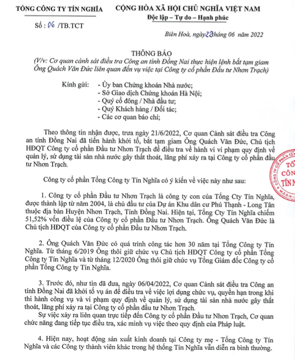 Tổng công ty Tín Nghĩa ra văn bản ngay sau khi ông Quách Văn Đức bị bắt. Ảnh: Đức Trung.