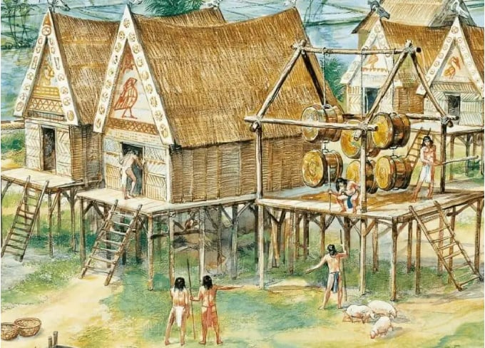 Hình ảnh mô tả những sinh hoạt và kiến trúc của người dân thời Đông Sơn.