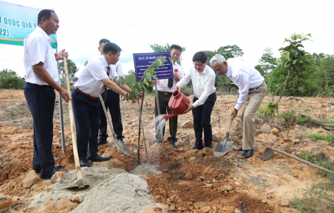 Lãnh đạo Bộ NN-PTNT và chính quyền địa phương trồng cây lưu niệm tại Vườn quốc gia Yók Đôn. Ảnh: Quang Yên.