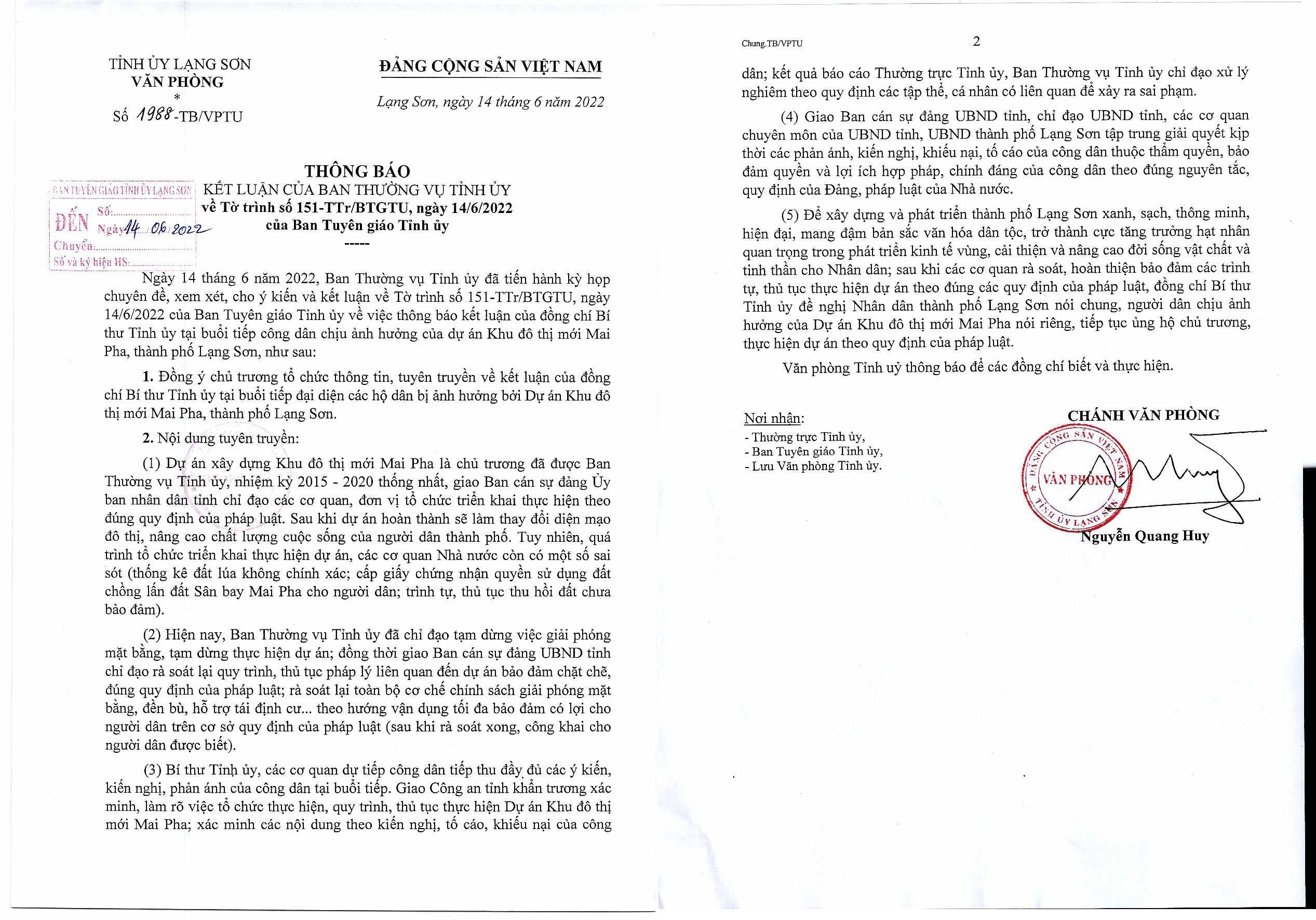 Thông báo số 1988-TB/VPTU, ngày 14/6/2022 của Văn phòng Tỉnh ủy Lạng Sơn.