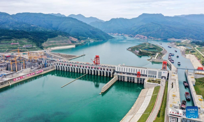 Toàn cảnh dự án bảo tồn nguồn nước Dateng Gorge ở thành phố Quý Bình, khu tự trị Choang Quảng Tây, miền nam Trung Quốc, ngày 12 tháng 11 năm 2021. Ảnh: Xinhua