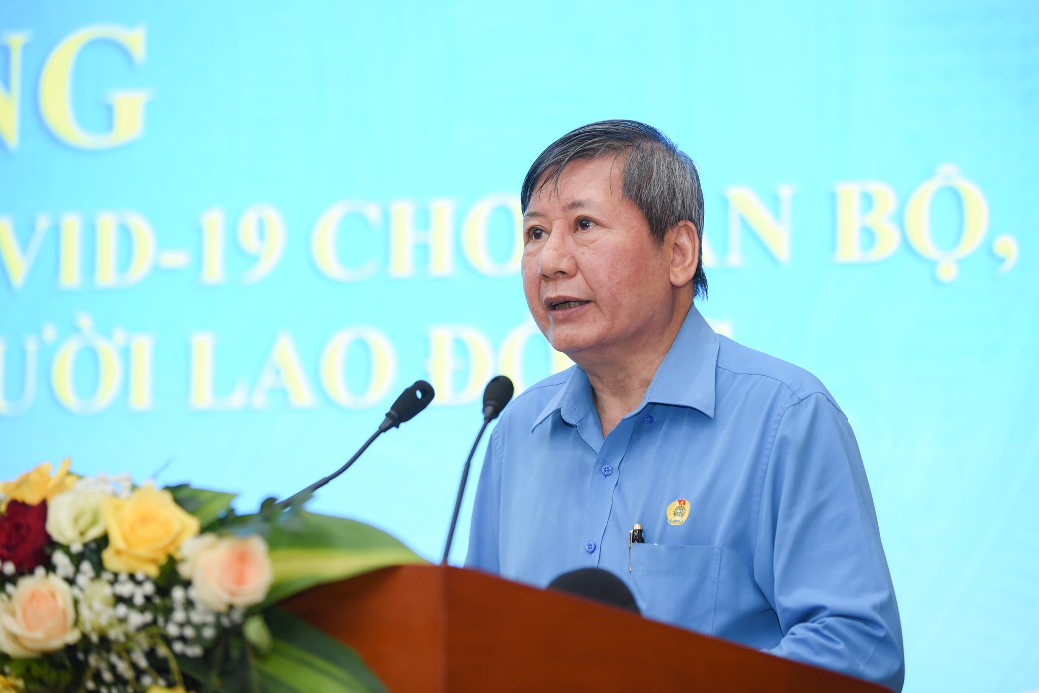 Phó Chủ tịch Thường trực Tổng Liên đoàn Lao động Việt Nam Trần Thanh Hải phát biểu tại lễ phát động. Ảnh: Tùng Đinh.