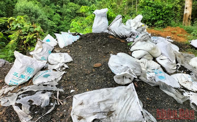 Nhiều bao tải chứa chất thải lạ đổ trộm trong rừng Khe Tao.