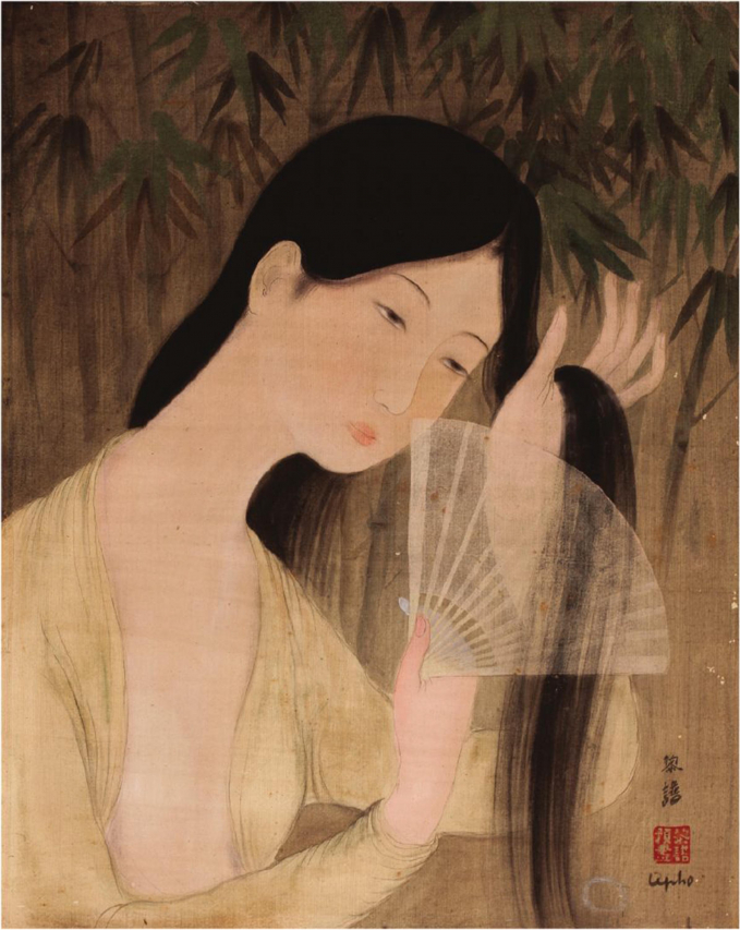 'Thiếu nữ vuốt tóc', bột màu trên lụa của Lê Phổ.