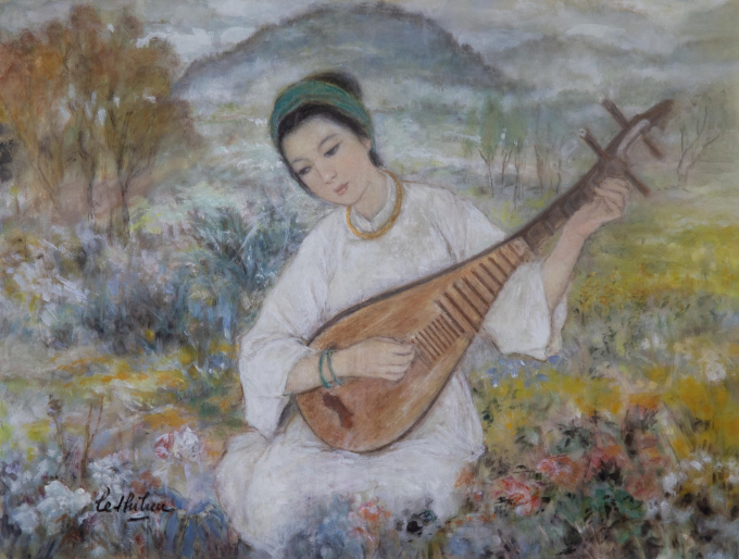 'Nhạc công truyền thống', mực và màu trên lụa của Lê Thị Lựu.