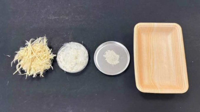 A step-by-step depiction of how chicken feathers are washed and ground into keratin powder, and the packaging materials which they would be used to manufacture. Photo: NTU Singapore