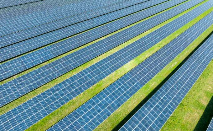 Aerial view of a solar farm producing clean renewable energy on April 20, 2022, in Emmeloord, Netherlands. Photo:Sjoerd van der Wal