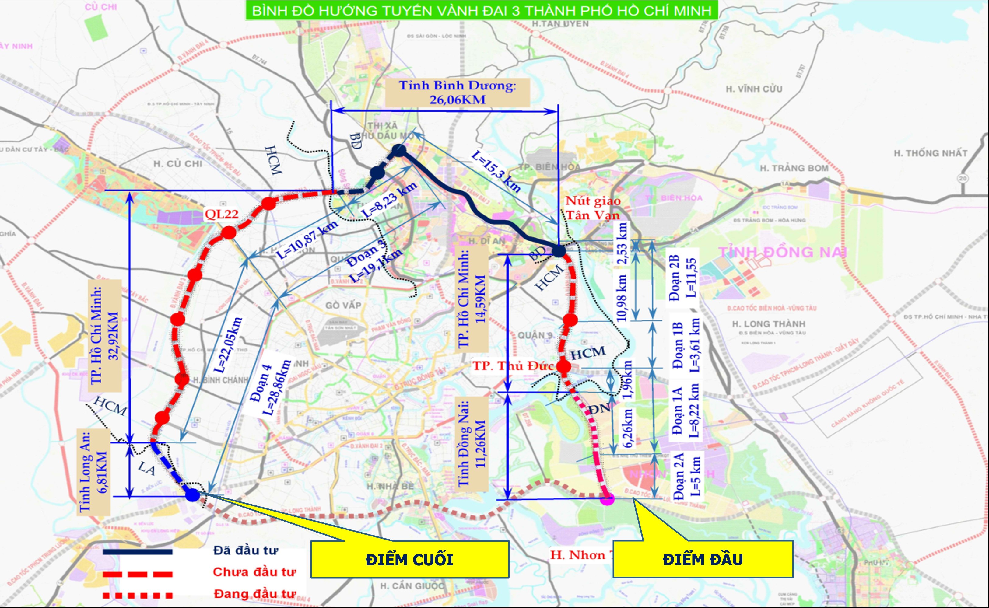 Đường Vành đai 3 có tổng chiều dài khoảng 76,34km đi qua địa giới hành chính của 4 tỉnh, thành phố: TP.HCM, Long An, Đồng Nai, Bình Dương.