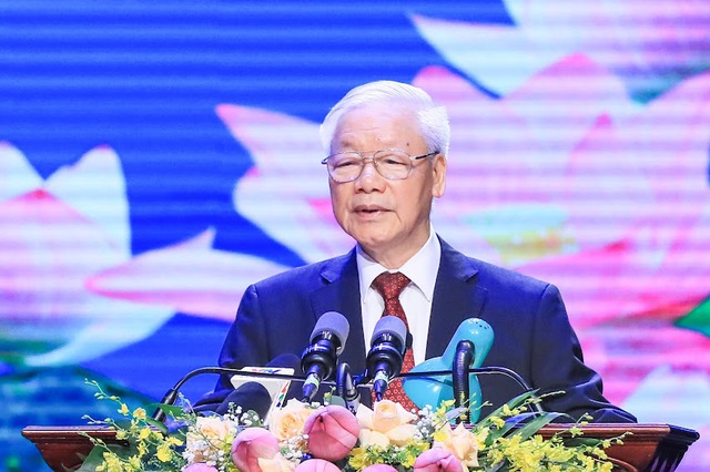 Tổng Bí thư Nguyễn Phú Trọng đọc diễn văn tại lễ kỷ niệm. Ảnh: VGP/Nhật Bắc.