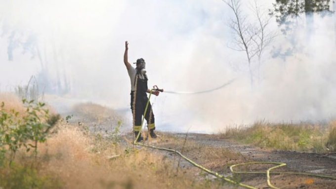 A firefighter works to extinguish a forest fire, during a heatwave, near Thiendorf, north of Dresden, Germany, on Jul 19, 2022. Photo: REUTERS/Matthias Rietschel