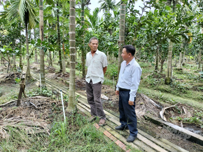 Ông Tần trò chuyện với khách tham quan về kỹ thuật trồng cau. Ảnh: Minh Đảm.