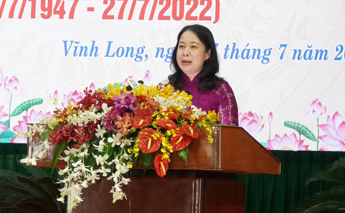 Phó Chủ tịch nước Võ Thị Ánh Xuân dự và phát biểu tại buổi họp mặt nhân kỷ niệm 75 ngày Thương binh - Liệt sĩ. Ảnh: Minh Đảm.