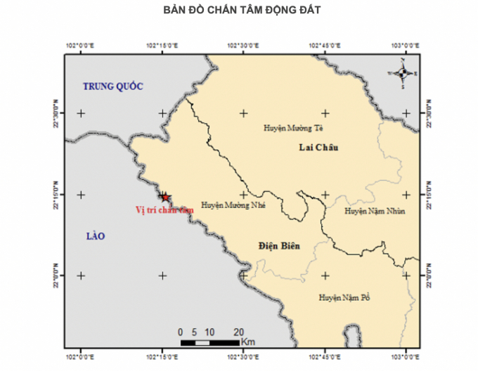 Bản đồ tâm chấn động đất do Trung tâm Báo tin động đất và cảnh báo sóng thần cung cấp. Ảnh: T.L.