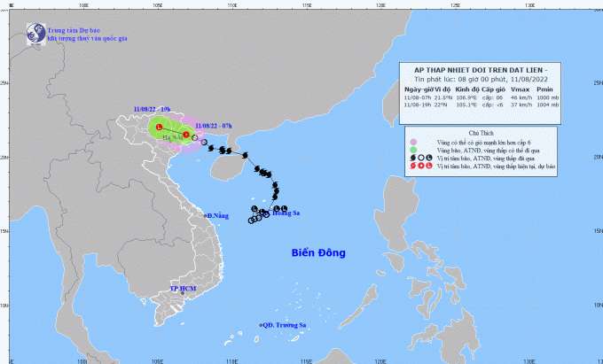 Dự báo hướng đi của áp thấp nhiệt đới suy yếu từ bão số 2. Ảnh: NCHMF.