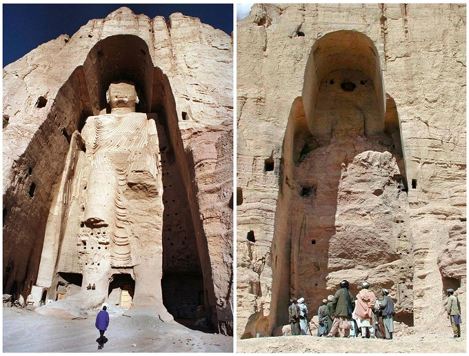 Hình ảnh tượng Phật ở Bamian-Afghanistan ở bên trái chụp năm 1997, ảnh bên phải sau khi bị phá hủy vào 26/3/2001 bởi Taliban.