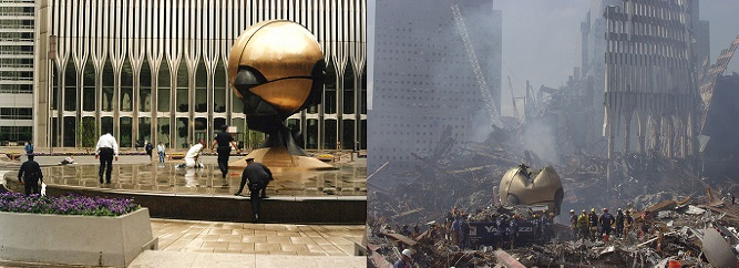 Công trình điêu khắc lớn nhất thế giới bằng đồng The Sphere được đặt giữa hai tòa tháp đôi trên quảng trường Austin J. Tobin, hình ảnh bên trái là trước năm 2001, hình ảnh bên phải là hình ảnh trong vụ khủng bố 11/09 ở thành phố New York, Mĩ.