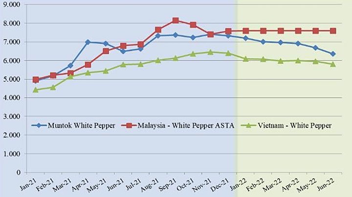 Biều đồ giá Fob trung bình hồ tiêu trắng thế giới từ 2021 - 2022. Đơn vị: USD/tấn