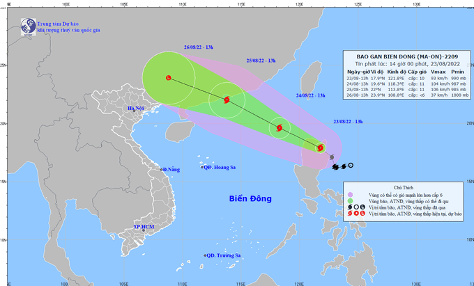 Khi đổ bộ vào Biển Đông, bão Maon được dự báo mạnh cấp 10 - 11, giật cấp 13. Ảnh: NCHMF.