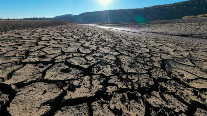 This photo taken on August 3, 2022, shows the dried 'Lac de l’Entonnoir' known as 'Lac du Bouverans' in Bouverans, eastern France.