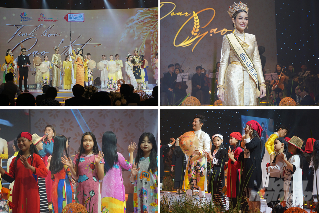 Winners of beauty pageants from the countries of the lower Mekong River are pictured with children from Champions Academy who are dressed in the fashion collection by designer Si Hoang. Photo: Nguyen Thuy.