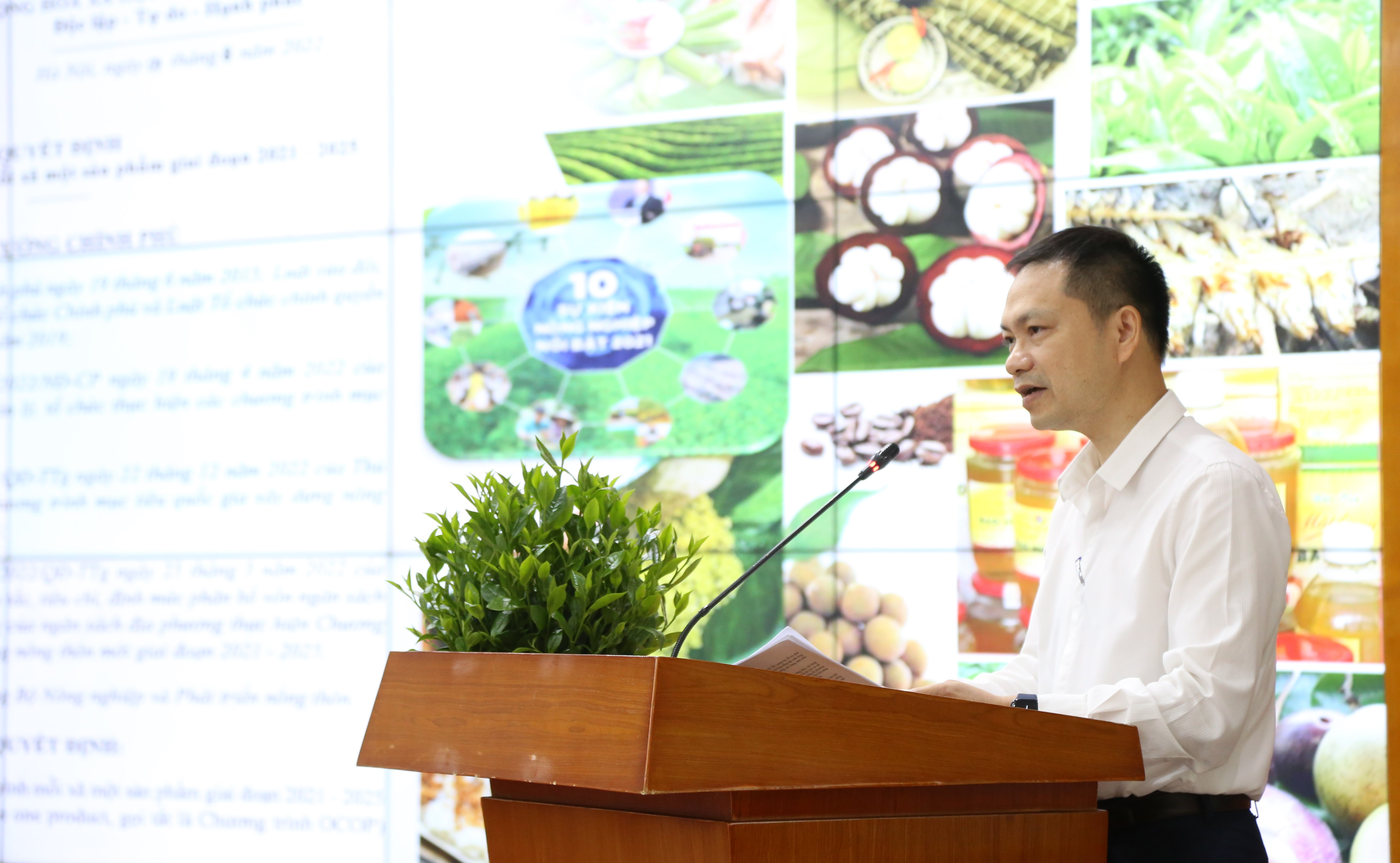 Ông Ngô Trường Sơn - Chánh Văn phòng Điều phối nông thôn mới Trung ương công bố Quyết định của Thủ tướng Chính phủ về Chương trình OCOP và Chương trình phát triển du lịch nông thôn giai đoạn 2021- 2025. Ảnh: Minh Phúc.