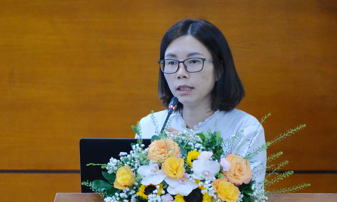 Bà Nguyễn Thị Thu Hương, Phó Cục trưởng Cục Bảo vệ thực vật trình bày báo cáo về quá trình xuất khẩu sầu riêng. Ảnh: Bảo Thắng.