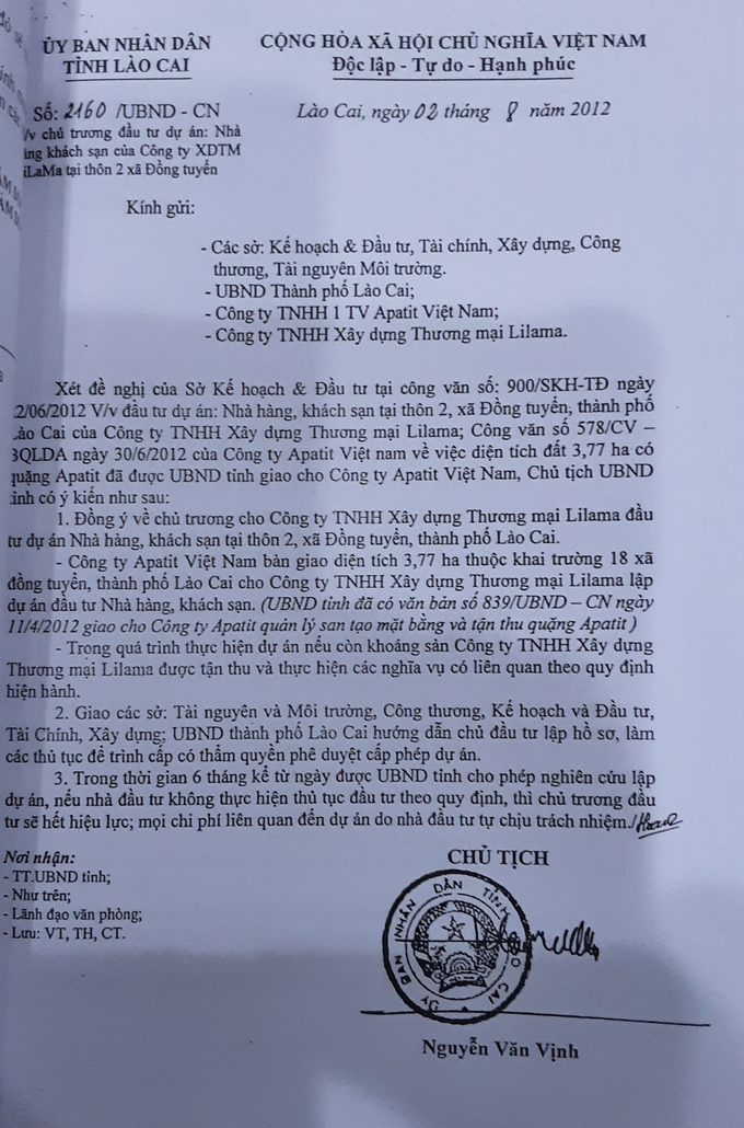 Người ký văn bản 2160/UBND-CN ngày 02/08/20 là ông Nguyễn Văn Vịnh- Chủ tịch UBND tỉnh Lào Cai.