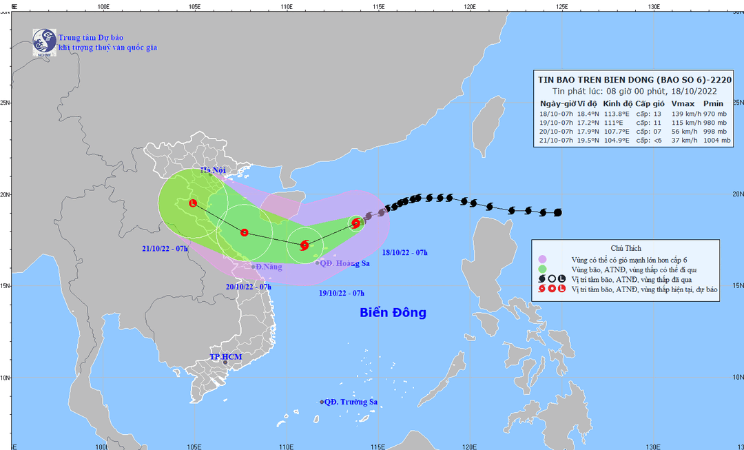 Dự báo hướng di chuyển của bão số 6. Ảnh: Trung tâm Dự báo Khí tượng thủy văn Quốc gia.