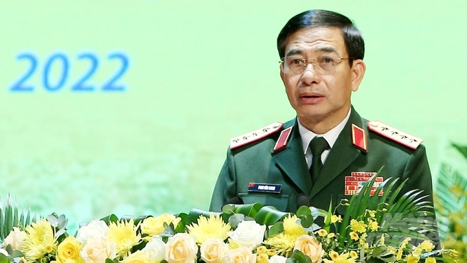 Ủy viên Bộ Chính trị, Bộ trưởng Bộ Quốc phòng, Đại tướng Phan Văn Giang phát biểu tại buổi lễ. Ảnh: Toán Nguyễn.