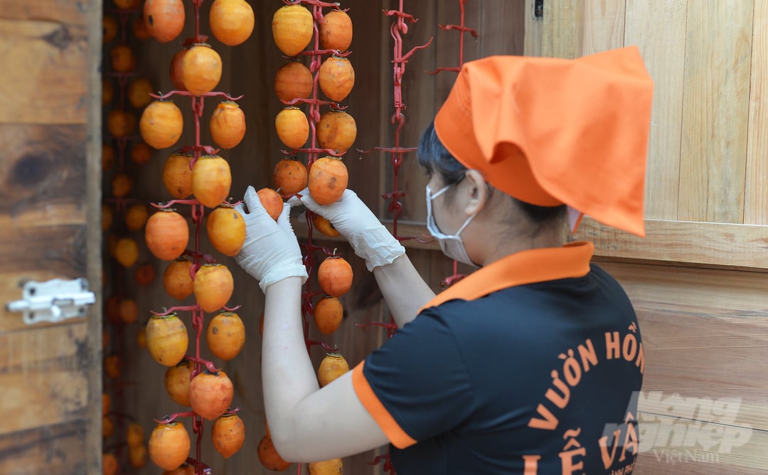 Workers hang persimmons in the disinfection area before moving to the drying house.