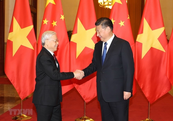Tổng Bí thư, Chủ tịch nước Trung Quốc Tập Cận Bình đón Tổng Bí thư Nguyễn Phú Trọng trong chuyến thăm Trung Quốc hồi tháng 1/2017. Ảnh: Trí Dũng/TTXVN.