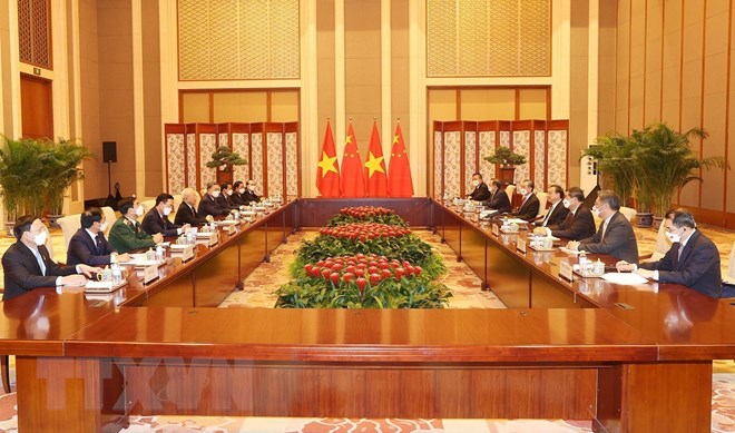 Quang cảnh cuộc hội kiến giữa Tổng Bí thư Nguyễn Phú Trọng và Thủ tướng Trung Quốc Lý Khắc Cường. Ảnh: TTXVN.