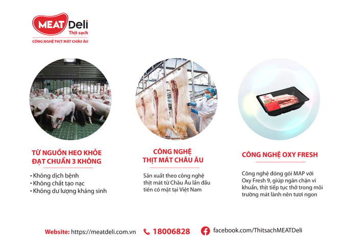 Thịt sạch MEATDeli sử dụng nguồn heo khỏe, áp dụng công nghệ thịt mát Châu Âu và công nghệ đóng gói với Oxy-Fresh giúp giữ thịt sạch, mềm ngon, trọn dinh dưỡng.