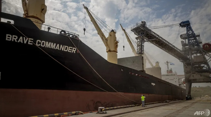 Chiếc tàu MV Brave Commander do Liên Hợp quốc thuê chở hơn 23.000 tấn ngũ cốc của Ukraine xuất khẩu sang Ethiopia đi qua Biển Đen hôm 14/8. Ảnh: AFP