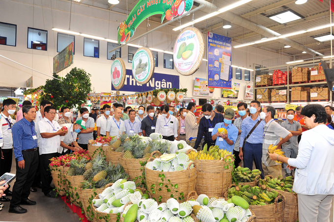 Nông dân tỉnh Đồng Tháp tham quan khu bán trái cây nhiệt đới tại MM Mega Market An Phú.