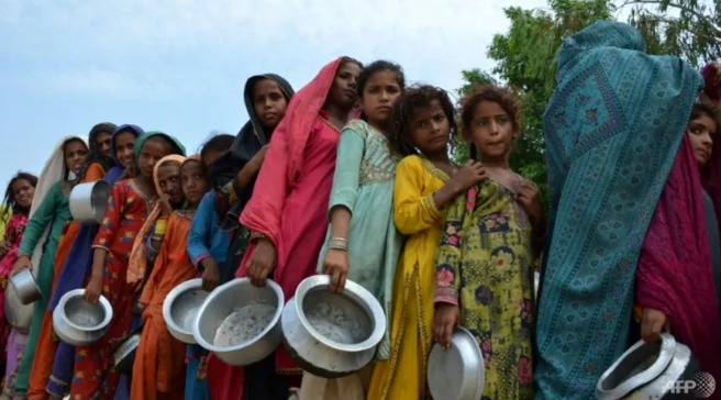 Displaced flood-affected people stand in a queue to receive food at a makeshift camp in flood-hit Sehwan, Pakistan. Photo: AFP