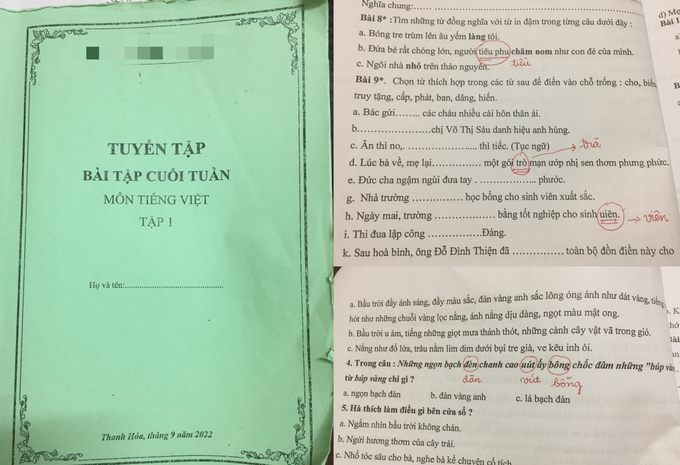 Tập tài liệu dạy tiếng Việt cho học sinh Tiểu học chi chít lỗi văn bản, đánh máy, lỗi dùng từ, lỗi viết câu.