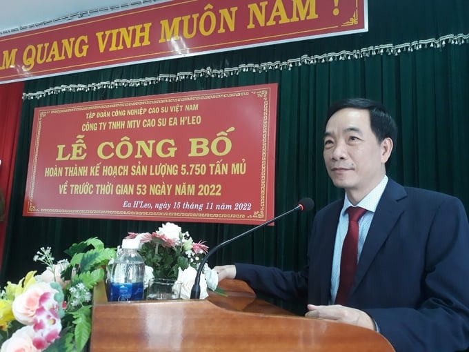 Ông Lê Anh Tuấn, Tổng Giám đốc Công ty Cao su Ea H'leo phát biểu tại buổi lễ hoàn thành sản lượng. Ảnh: N.T.
