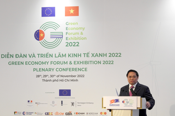 Thủ tướng Phạm Minh Chính phát biểu tại Diễn đàn và Triển lãm Kinh tế xanh 2022. Ảnh: Thanh Sơn.