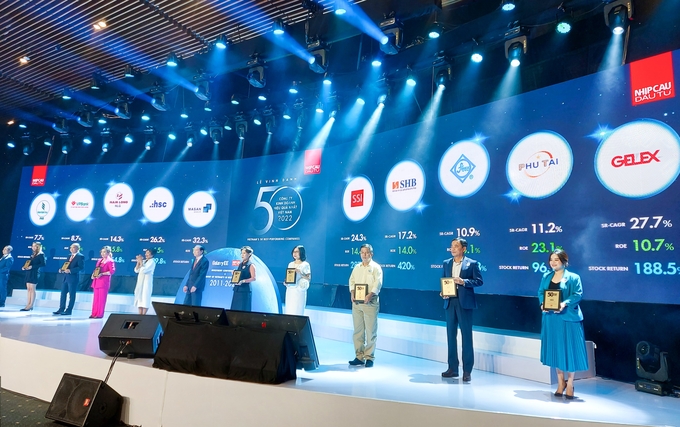 Đại diện Tập đoàn GELEX (ngoài cùng bên phải) nhận vinh danh 'Top 50 Công ty kinh doanh hiệu quả nhất Việt Nam 2022'.