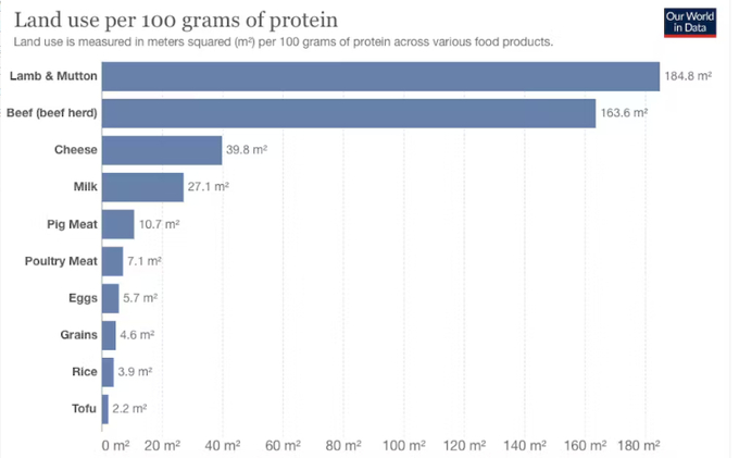 Thịt bò và thịt cừu có thể chứa nhiều protein nhưng việc sản xuất ra mỗi 100 gram theo cách hiện tại tiêu tốn rất nhiều tài nguyên đất, nước và chi phí khác. Đồ họa: WorldInData (Poore & Nemecek 2018)