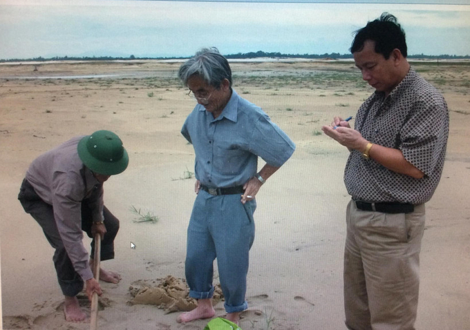 GS Nguyễn Vy trong một chuyến công tác tìm biện pháp nâng cao độ phì nhiêu thực tế đất cát biển. Ảnh: TL.