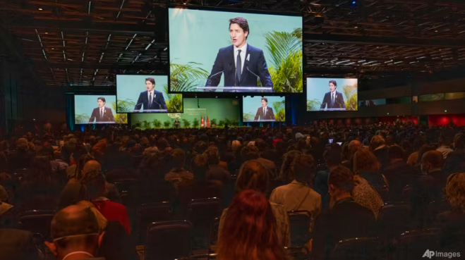 Canada Prime Minister Justin Trudeau delivers a speech during the opening ceremony of COP15, the United Nations Biodiversity Conference in Montreal on Dec 6, 2022. Photo: AP
