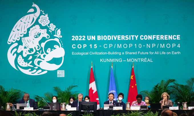 Chinese Minister of Ecology and Environment Huang Runqiu (centre-rignt), Secretariat of the Convention on Biological Diversity, David Ainsworth (centre-left), Executive Secretary of the UN Convention on Biological Diversity, Elizabeth Maruma Mrema (2nd right) and Inger Andersen Executive Director of the United Nations Environment Program (right) during a plenary meeting at the 2022 UN Biodiversity Conference, known as COP 15, in Montreal, Canada on Monday. Photo: AFP