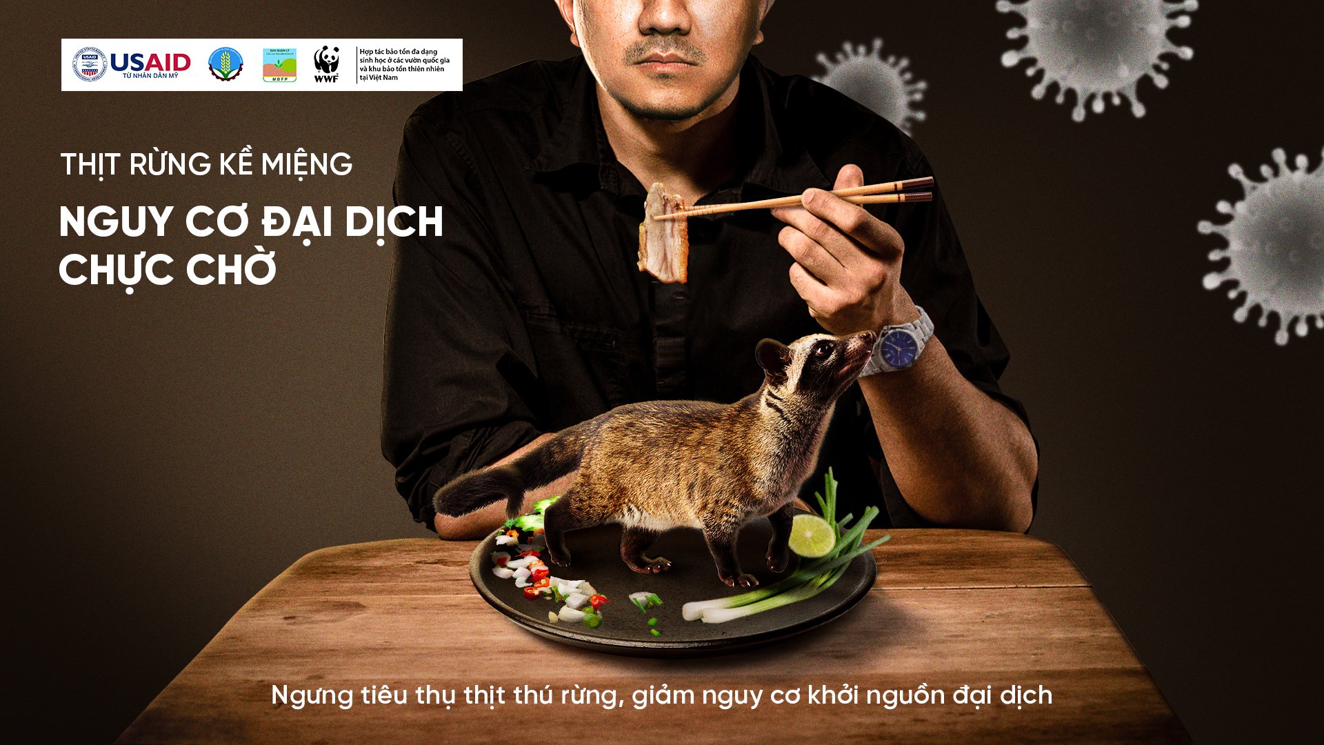 Hình ảnh truyền thông về chiến dịch 'Thịt rừng kề miệng, nguy cơ chực chờ'.