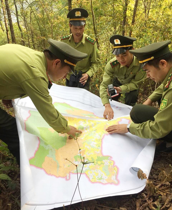  Cán bộ Kiểm lâm huyện Mù Cang Chải đi tuần kiểm tra thực địa. Ảnh: Nguyễn Toàn.